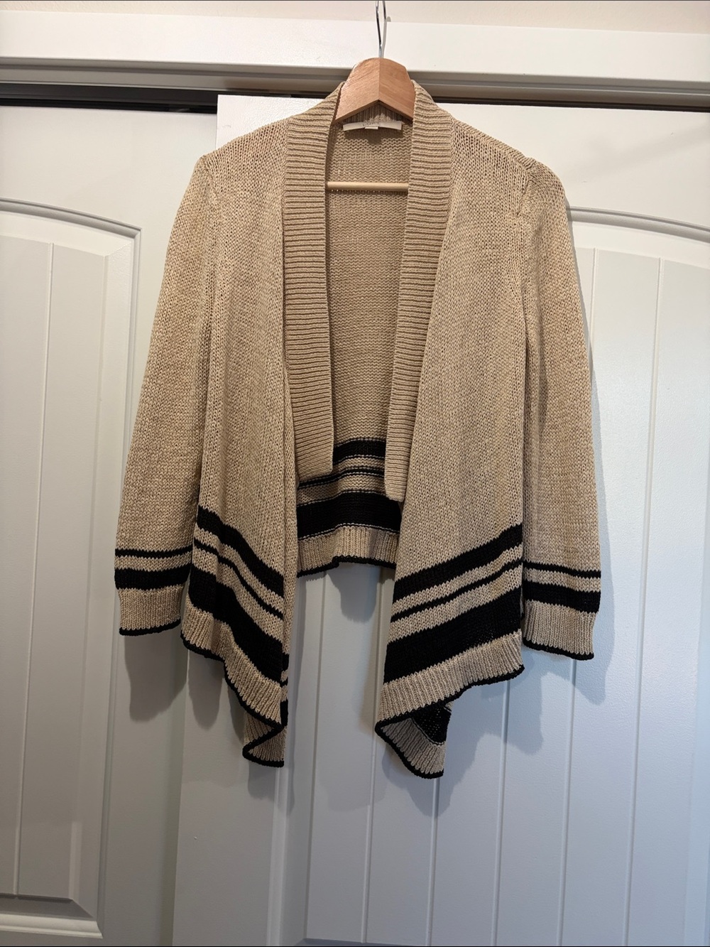 LOFT Beige Open-Front Cardigan with Black Stripe Detail